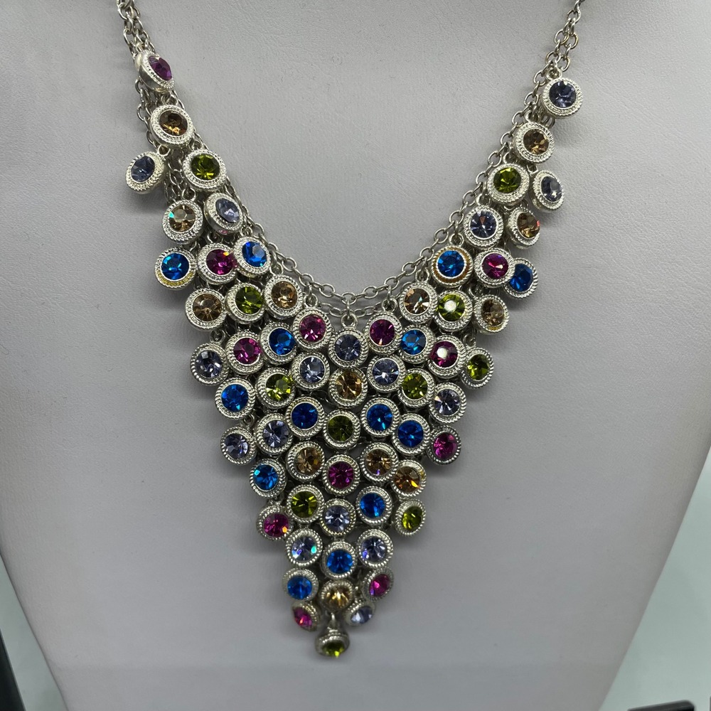 Multi Color Rhinestone Silver Tone Statement Jewelry Set Necklace Bracelet Ring - Picture 10 of 14
